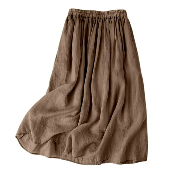 RUTAYY Women Summer Vintage Linen Solid Color Midi Skirt With Elastic Waist And Stylish Flowy Swing Skirts
