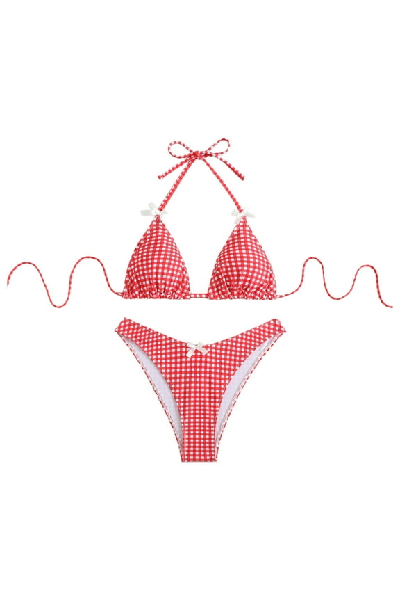 Women Swimwear New Split Plaid Flower Print Strappy Bikini Bohemian Swim Wear