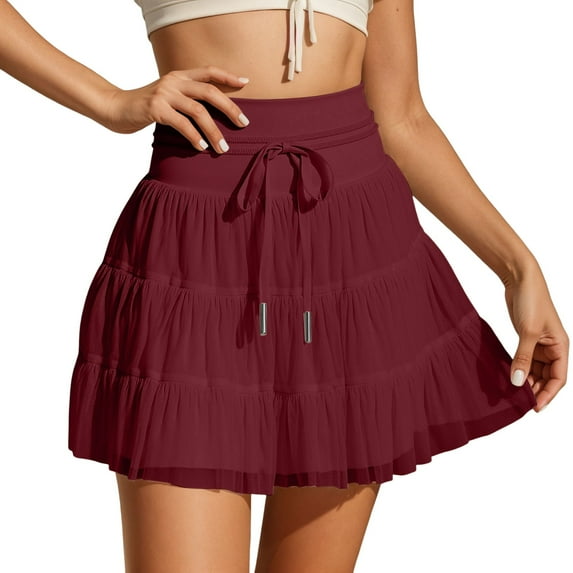 RUTAYY Women Trouser Skirt Lace Up Mesh Half Skirt High Grade Pleated Skirt Solid Color Smocked Boho Pleated Skirts