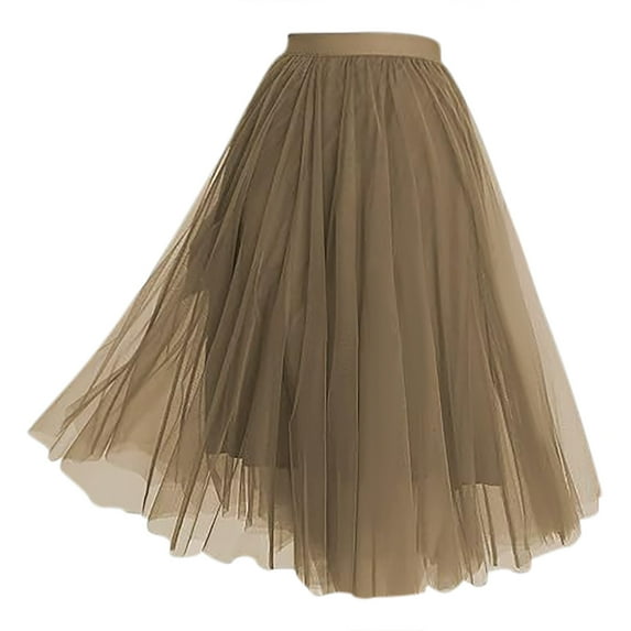 RUTAYY Women Tulle Skirt Mid-Length Elastic High Waist Pleated A-Line Pommel Skirt Solid Color Casual Travel Skirts