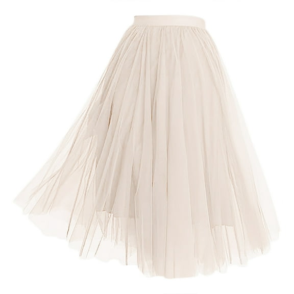 RUTAYY Women Tulle Skirt Mid-Length Elastic High Waist Pleated A-Line Pommel Skirt Solid Color Casual Travel Skirts
