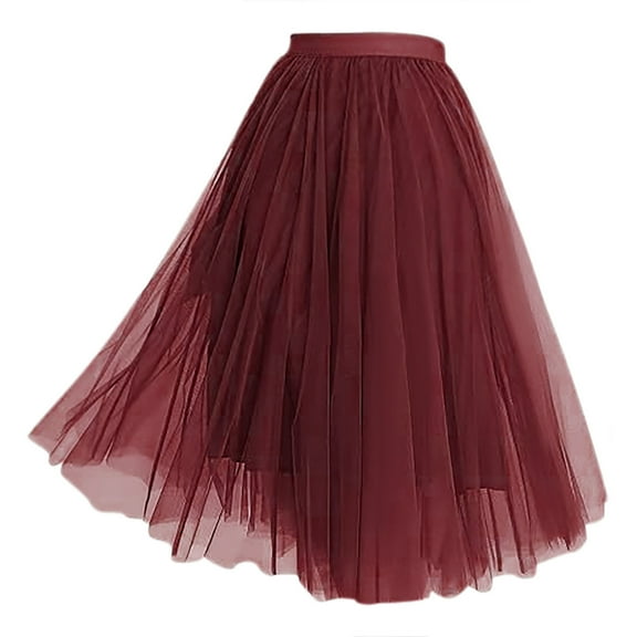 RUTAYY Women Tulle Skirt Mid-Length Elastic High Waist Pleated A-Line Pommel Skirt Solid Color Flowy Swing Pleated Beach Skirts