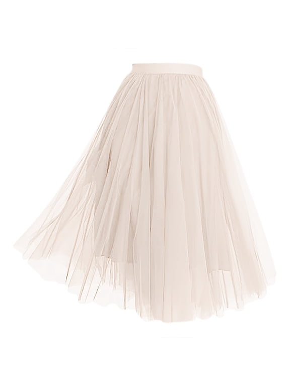 Women Tulle Skirt Mid-Length Elastic High Waist Pleated A-Line Pommel Skirt Solid Color Flowy Swing Pleated Beach Skirts