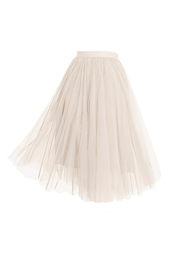 Women Tulle Skirt Mid-Length Elastic High Waist Pleated A-Line Pommel Skirt Solid Color Flowy Swing Pleated Beach Skirts