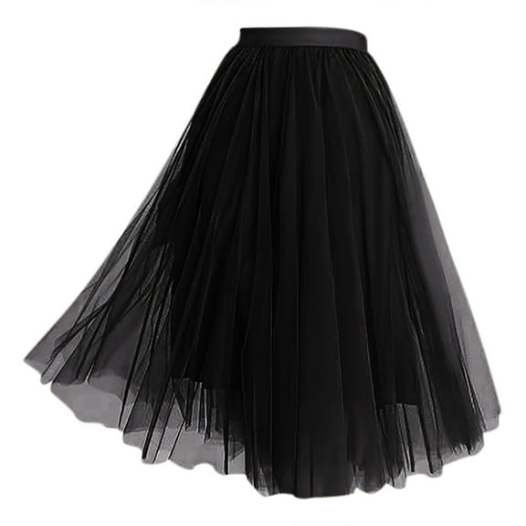 RUTAYY Women Tulle Skirt Mid-Length Elastic High Waist Pleated A-Line Pommel Skirt Solid Color Smocked Boho Pleated Skirts
