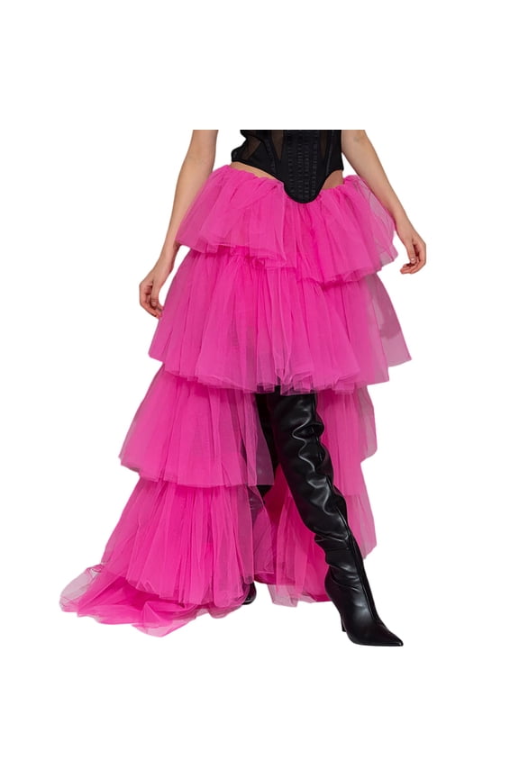 Women Tutu Maxi Skirt A-Line Elastic Waist Layered Long Skirt Rave Party Puplum Skirt Mesh Skirt Solid Color Flowy Swing Skirts