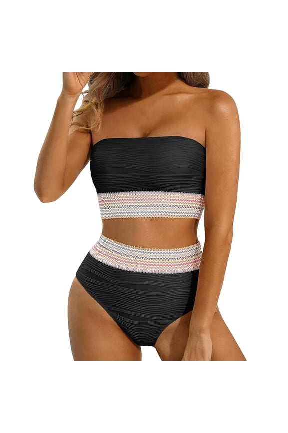 Women's Bikini Sets High Waisted Bandeau Strapless 2 Piece Swimwear Ribbed Full Coverage Bathing Suits Trendy Training Swimsuit