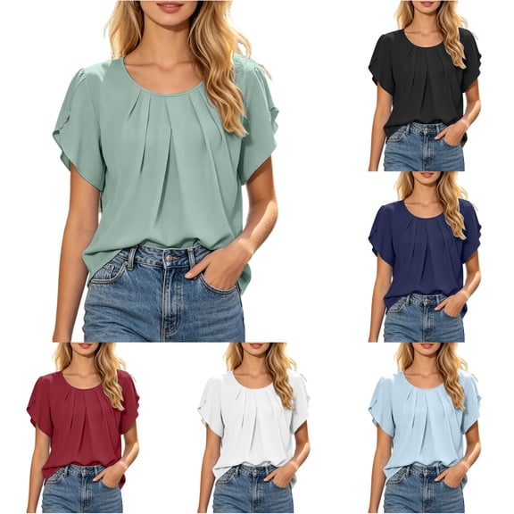 RUTAYY Women's Blouse Loose Fit Solid Color Crew Neck Short Sleeve Tops Comfortable Casual Daily Wear Trendy Travel Shirts