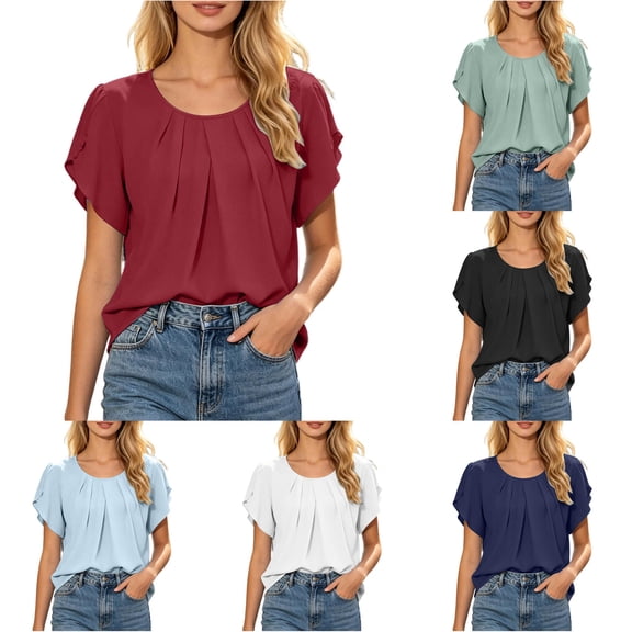 RUTAYY Women's Blouse Loose Fit Solid Color Crew Neck Short Sleeve Tops Comfortable Casual Daily Wear Vacation Travel Shirts