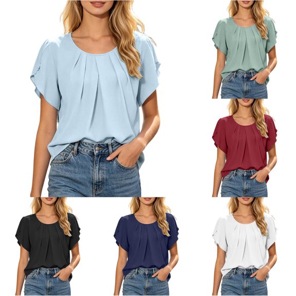 RUTAYY Women's Blouse Loose Fit Solid Color Crew Neck Short Sleeve Tops Comfortable Casual Daily Wear Vibrant Holiday Shirts