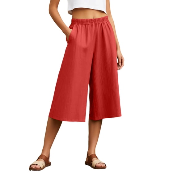 RUTAYY Women's Capri Pants Casual Solid Color Wide Leg Summer Loose Fit Comfortable Elastic Waist Everyday Wear Versatile Travel Trousers