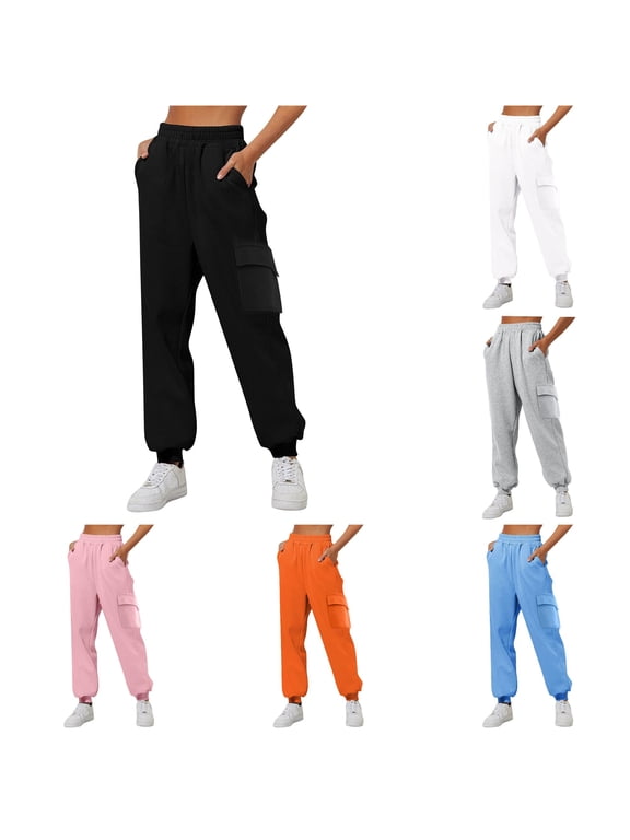 Women's Cargo Jogger Sweatpants Elastic Ribbed Waistband Side Patch Cargo Pockets Ribbed Casual Sport Trousers Black