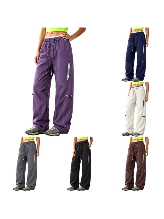 Women's Cargo Pants Solid Color Elastic Waist Drawstring Zipper Pockets Outdoor Parachute Trousers Purple