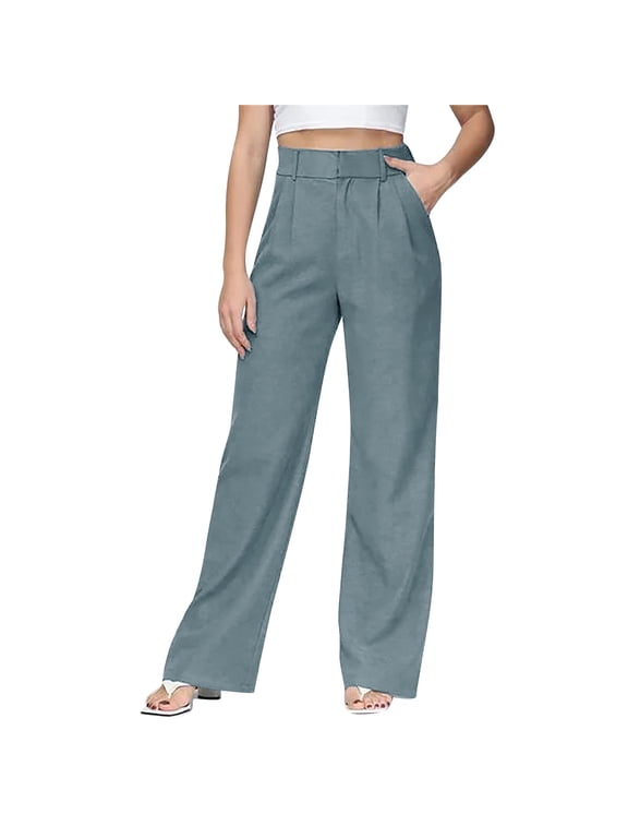 Women's Casual Pants Straight Wide Leg High Waist Tailored Button Down with Pockets Holiday Vibrant Trousers