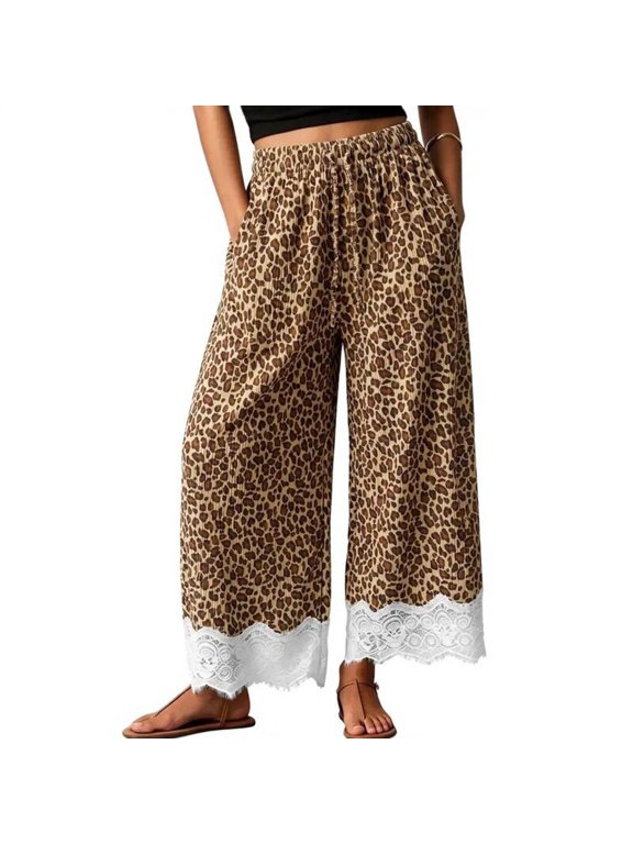 Women's Cropped Pants Wide Leg Drawstring Elastic Waist Leopard Graphic Lace Hem Texture Casual Trousers, Brown