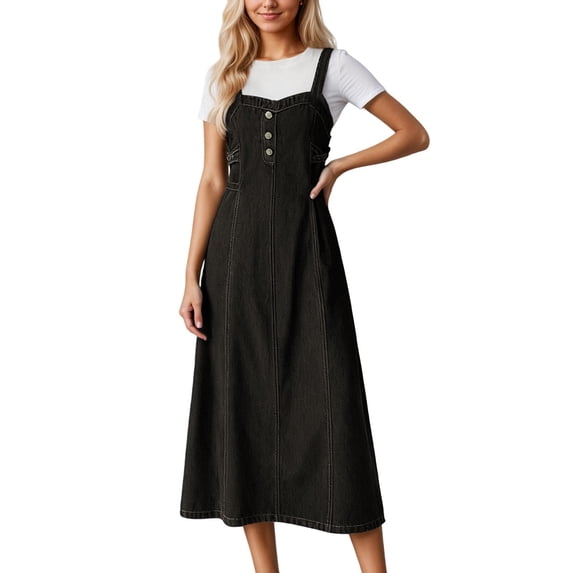 RUTAYY Women's Dress Casual Long Denim Pinafore Overalls Dress with Adjustable Straits Everyday Wear Chic Holiday Dresses