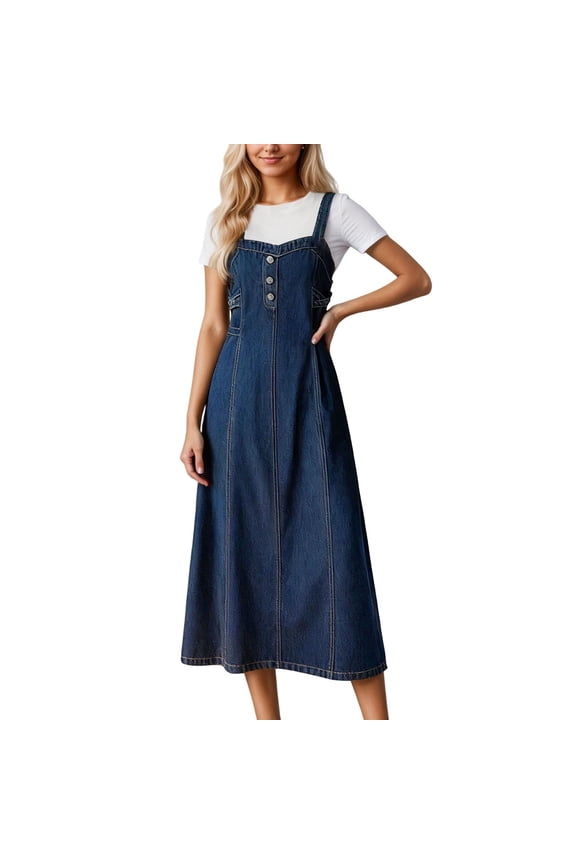Women's Dress Casual Long Denim Pinafore Overalls Dress with Adjustable Straits Everyday Wear Classic Stylish Mesh Dresses