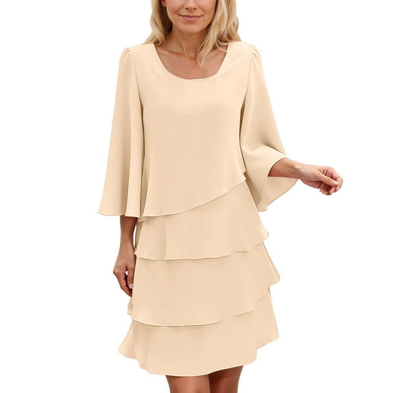 RUTAYY Women's Dress Casual Loose Fit Round Neck Solid Color Long Sleeve Comfortable Daily Wear Relaxed Holiday Dresses