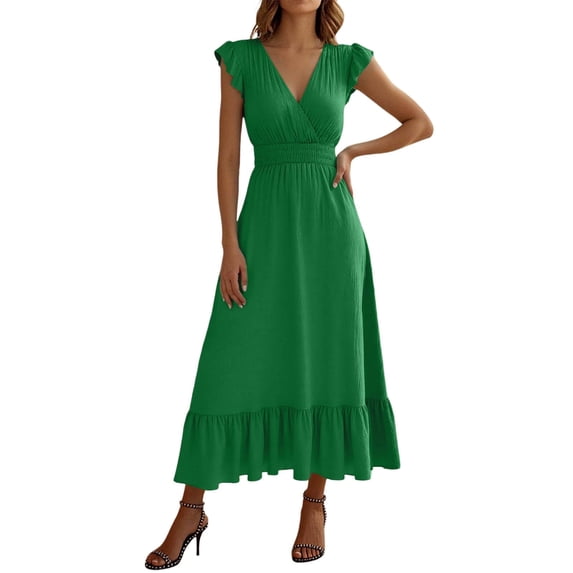 RUTAYY Women's Dress Casual Solid Color V-Neck Ruffles Flowy Summer Boho Maxi Dress Daily Wear Trendy Trip Mesh Dresses