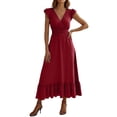 thumbnail image 1 of RUTAYY Women's Dress Casual Solid Color V-Neck Ruffles Flowy Summer Boho Maxi Dress Daily Wear Trendy Vacation Dresses, 1 of 8