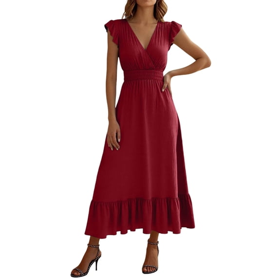 RUTAYY Women's Dress Casual Solid Color V-Neck Ruffles Flowy Summer Boho Maxi Dress Daily Wear Trendy Vacation Dresses