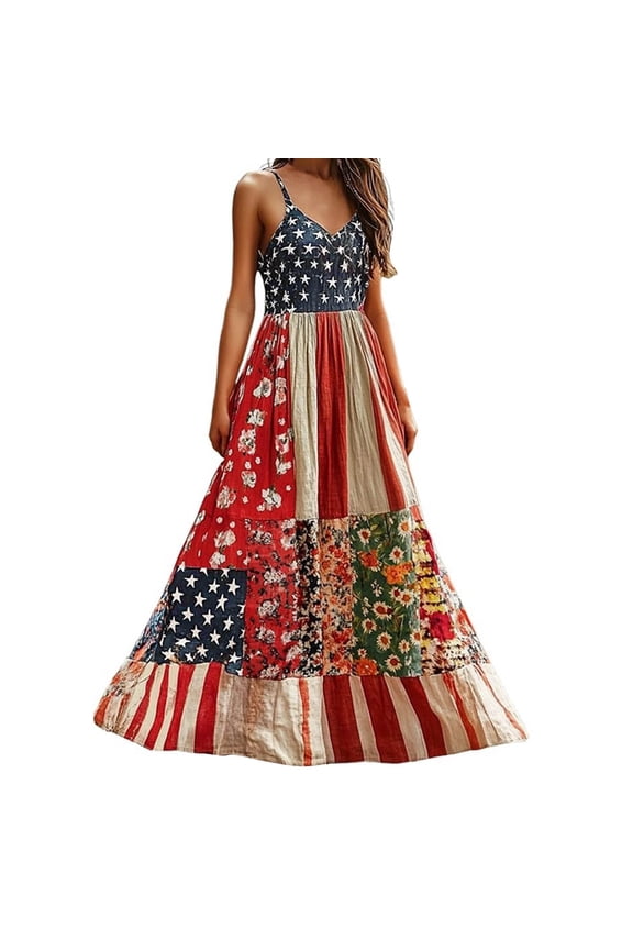 Women's Dress Patch Art Floral Flag Maxi Sleeveless V-Neck Soft Comfortable Loose Fit Hawaiian Vacation Dresses