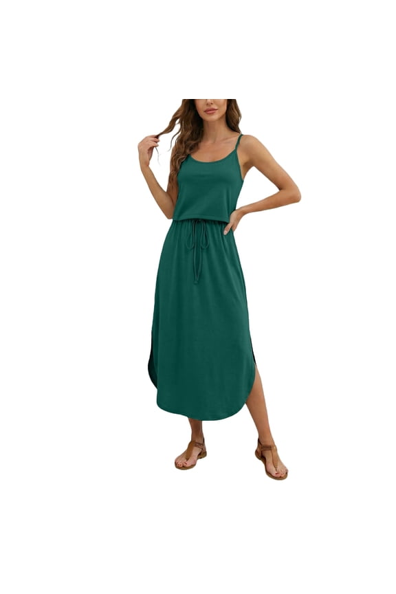 Women's Dress Solid Color U Neck with Adjustable Drawstring Side Slit Indoor Outdoor Activities Fashion Beach Dresses