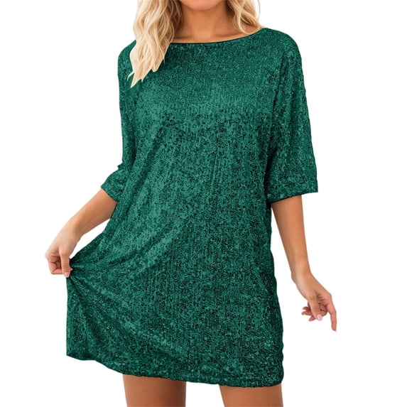 RUTAYY Women's Dress Sparkly Sequins Casual Short Sleeve Round Neck Loose Fit Party Daily Wear Comfortable Beach Vacation Dresses