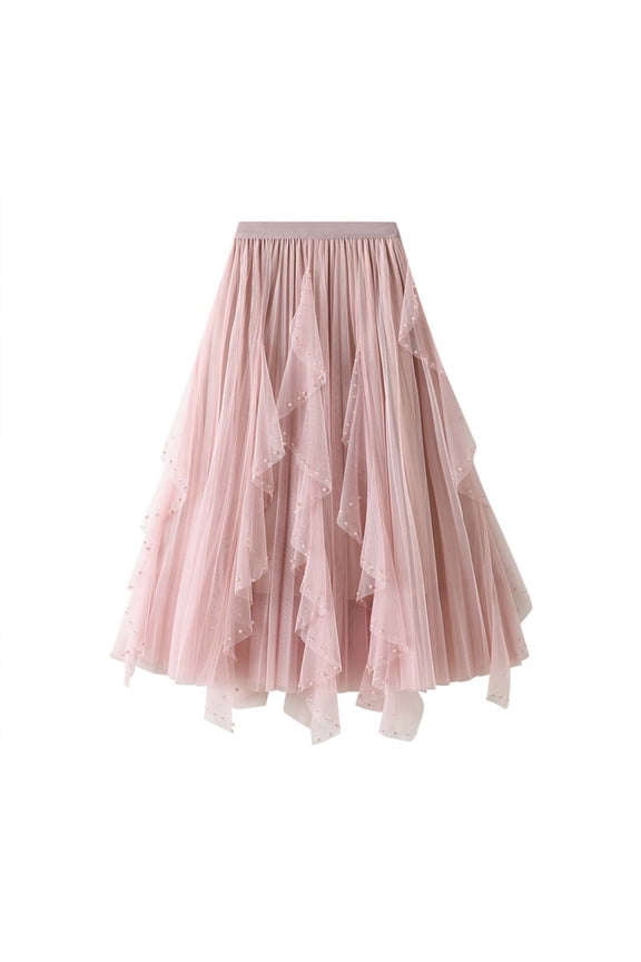 Women's Fashion Casual Heavy Industry Nail Bead Petal Mesh Skirt High Waist Slim Fit Mid Length Skirt Fashion Travel Midi Skirt