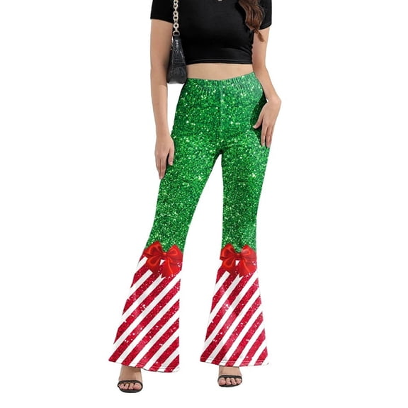 RUTAYY Women's Flare Pants Elastic Waist Christmas Bow Stripe Print Soft Stretch Fabric Casual Daily Trousers, Green