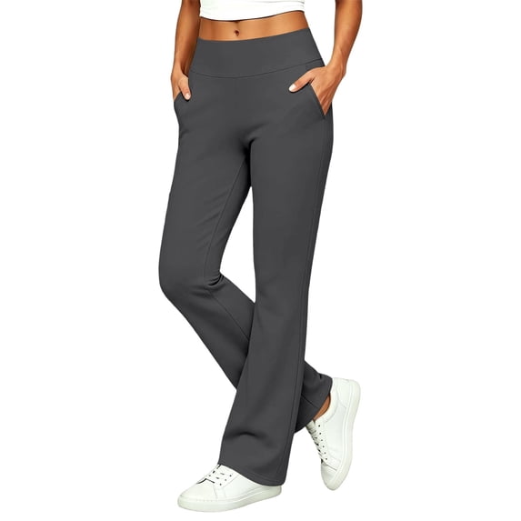 RUTAYY Women's Flare Pants High Waist Wide Waistband With Pockets Soft Stretch Casual Work Trousers, Dark Gray