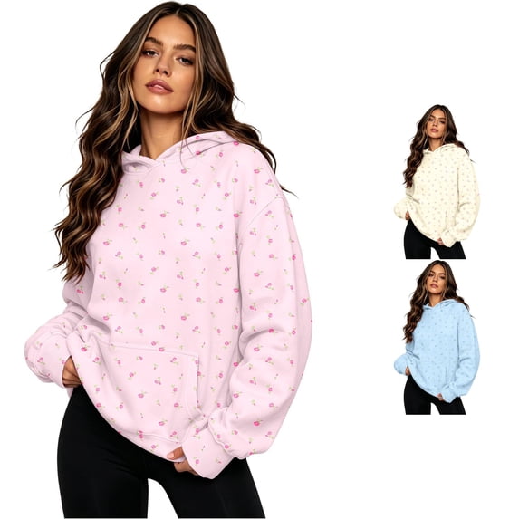 RUTAYY Women's Floral Print Hoodie Drawstring Long Sleeve Pocket Lightweight Casual Pullover Tops Pink
