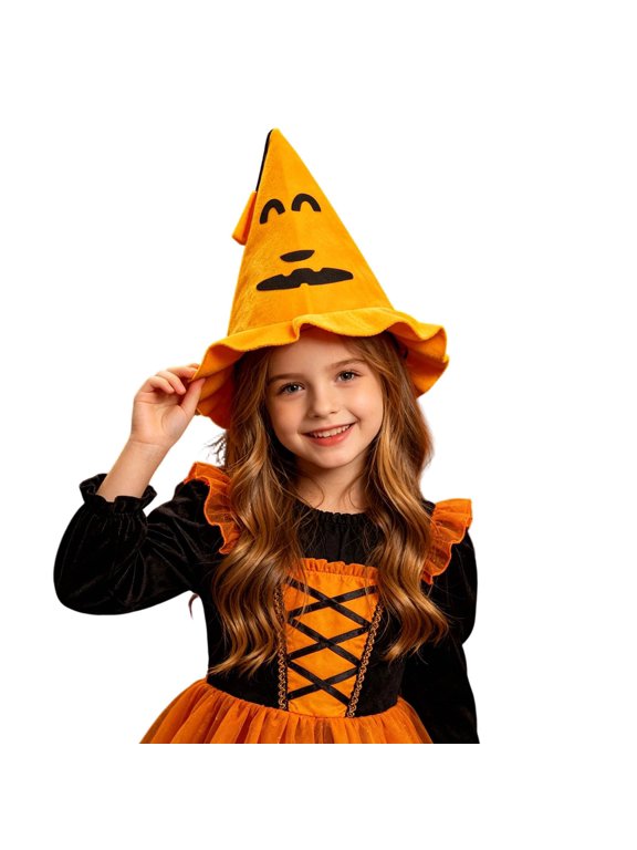 Women's Halloween Witch Hat Pumpkin Face Graphic Ruffled Brim Party Hats Orange