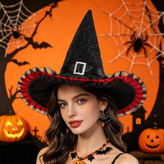 RUTAYY Women's Halloween Witch Hat Ruffled Mesh Edge Rhinestone Buckle Accent Wide Brim Party Hats Black