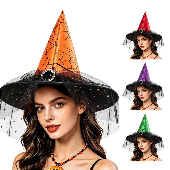 RUTAYY Women's Halloween Witch Hat Spider Web Print Star Mesh Veil Wide Brim Party Hats Orange