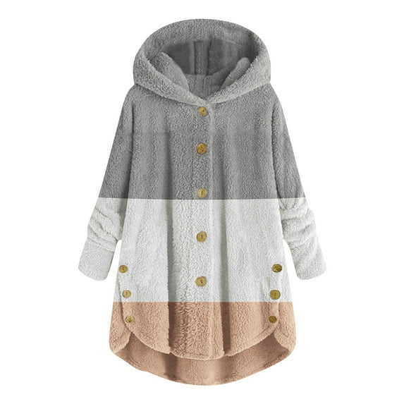 RUTAYY Women's Hooded Jacket Long Sleeve Button Patchwork Color Warm Soft and Skin-Friendly Coat Fashion Vacation Tops