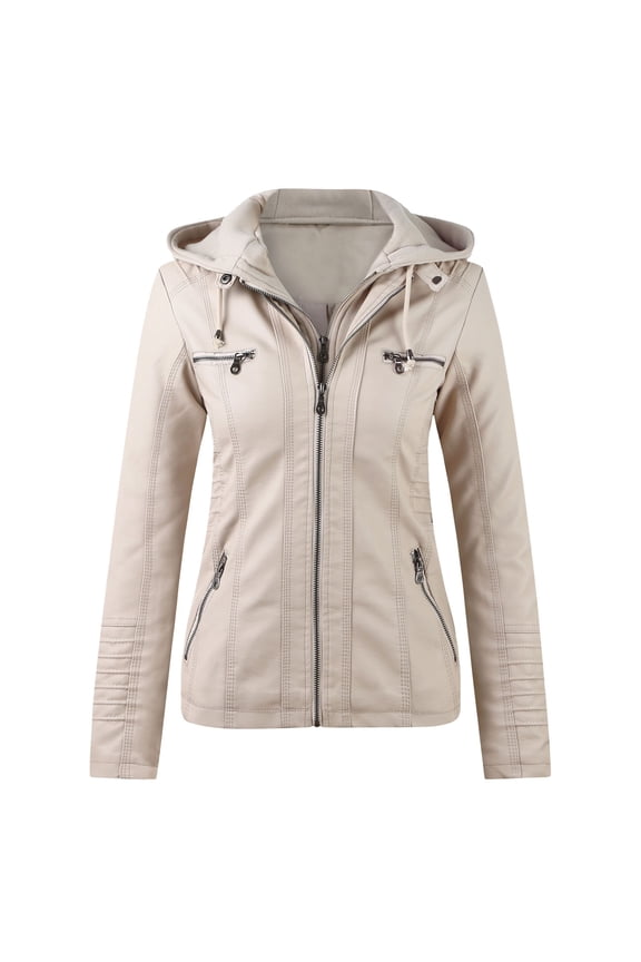 Women's Hooded Jacket Slim Leather Long Sleeve Stand Collar with Zipper Pocket Suit Belt Coat Elegant Vacation Tops