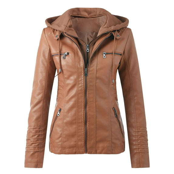 RUTAYY Women's Hooded Jacket Slim Leather Long Sleeve Stand Collar with Zipper Pocket Suit Belt Coat Elegant Vacation Tops