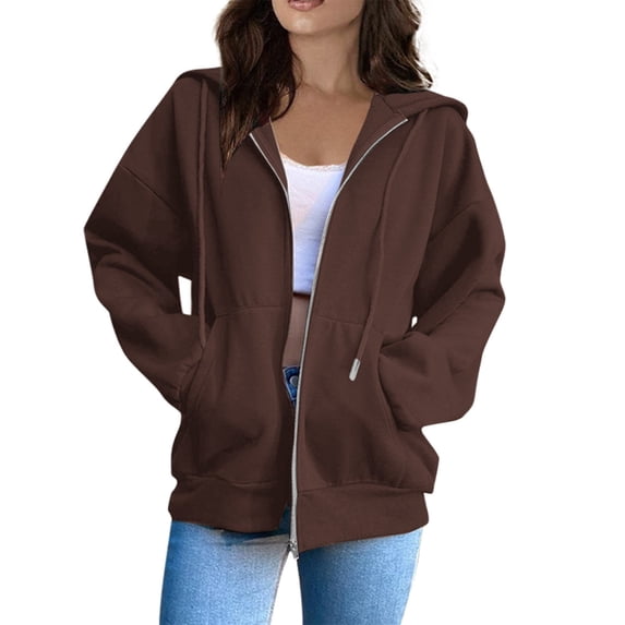 RUTAYY Women's Hooded Jacket Solid Color Loose Zipper Long Sleeve with Pocket Drawstring Coat Chic Leisure Tops