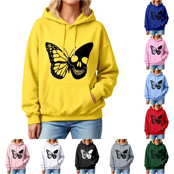 RUTAYY Women's Hoodies Butterfly Print Casual Loose Fit Long Sleeve with Drawstring Pockets Pullover Streetwear Autumn Outerwear Hooded Sweatshirt Yellow