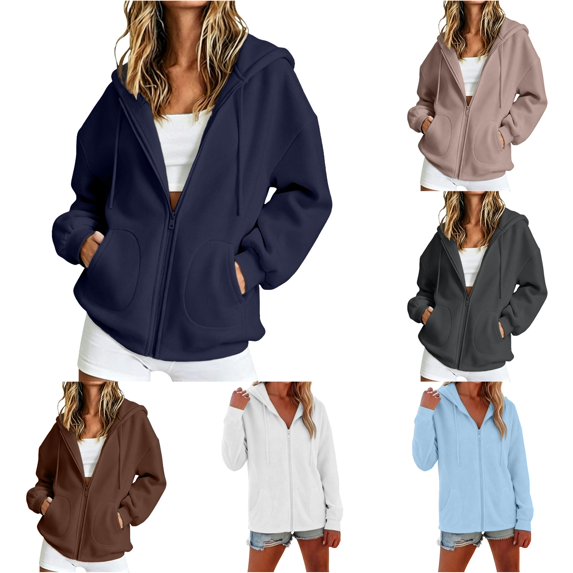RUTAYY Women's Hoodies Casual Zip Up with Pockets Drawstring Solid Color Long Sleeve Pullover Soft Comfortable Hooded Sweatshirt Navy