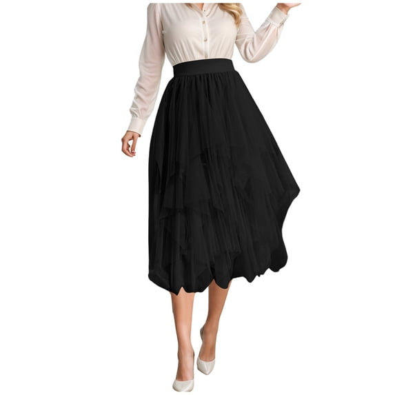 RUTAYY Women's Irregular Mesh Half Skirt Solid Color Medium Length High Waisted Slim Fit Classic Stylish Midi Skirt