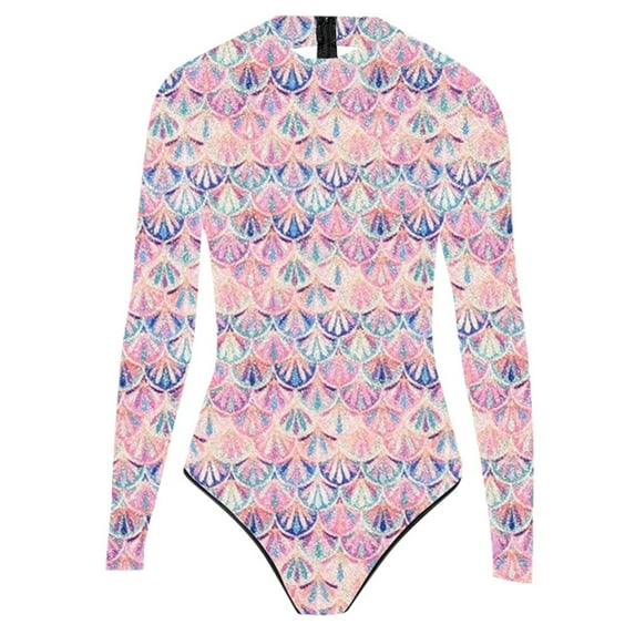 RUTAYY Women's One Piece Swimsuits 3D Number Print Fish Scale Long Sleeve Bodysuits Casual Holiday Swimwear