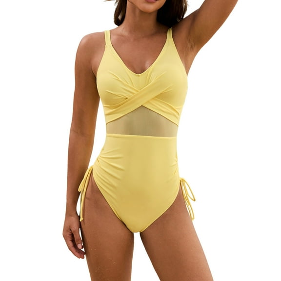 RUTAYY Women's One Piece Swimsuits Casual Solid Color Mesh Drawstring Breathable Comfortable Surfing Bathing Suit