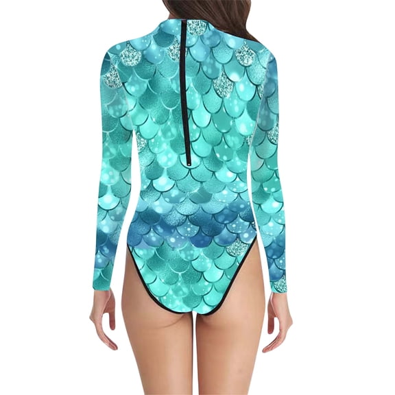 RUTAYY Women's One Piece Swimsuits Fish Scale Print Fashion Comfort Long Sleeve Surfing Bathing Suit
