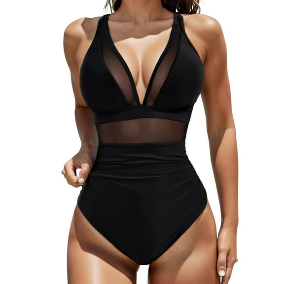 RUTAYY Women's One Piece Swimsuits Solid Color Mesh Backless Slim Fit Bikini Beach Swim Bathing Suits