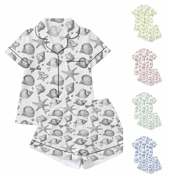 RUTAYY Women's Pajama Set Seashell Starfish Print Lapel Short Sleeve Open Front Top and Shorts 2 Piece Loungewear Black
