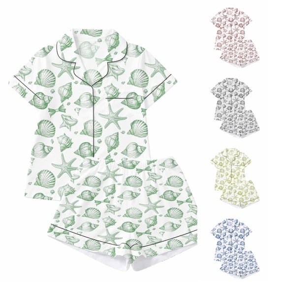 RUTAYY Women's Pajama Set Seashell Starfish Print Lapel Short Sleeve Open Front Top and Shorts 2 Piece Loungewear Green