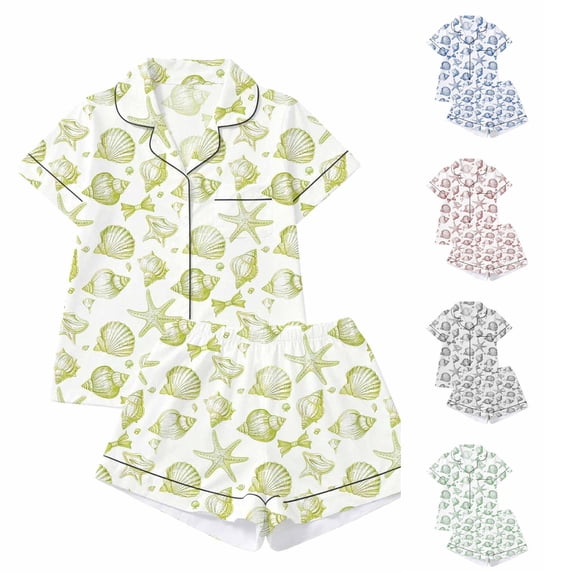 RUTAYY Women's Pajama Set Seashell Starfish Print Lapel Short Sleeve Open Front Top and Shorts 2 Piece Loungewear Yellow