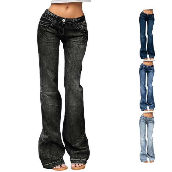 RUTAYY Women's Pants Bootcut Jeans Solid Color Low Waist Button Zipper Fly Classic Pocket Vintage Flared Denim Trousers Black
